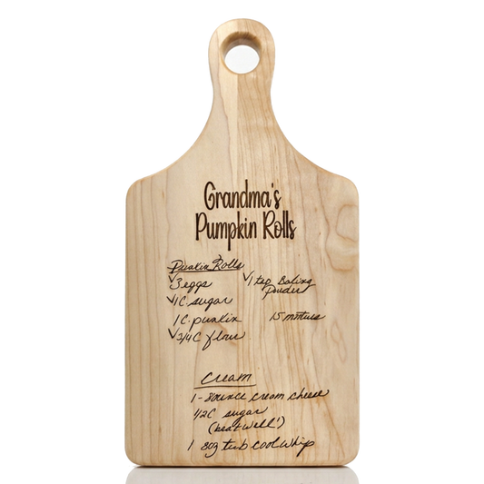 Maple recipe cutting board laser engraved with a handwritten Grandma's Pumpkin Rolls recipe, front view